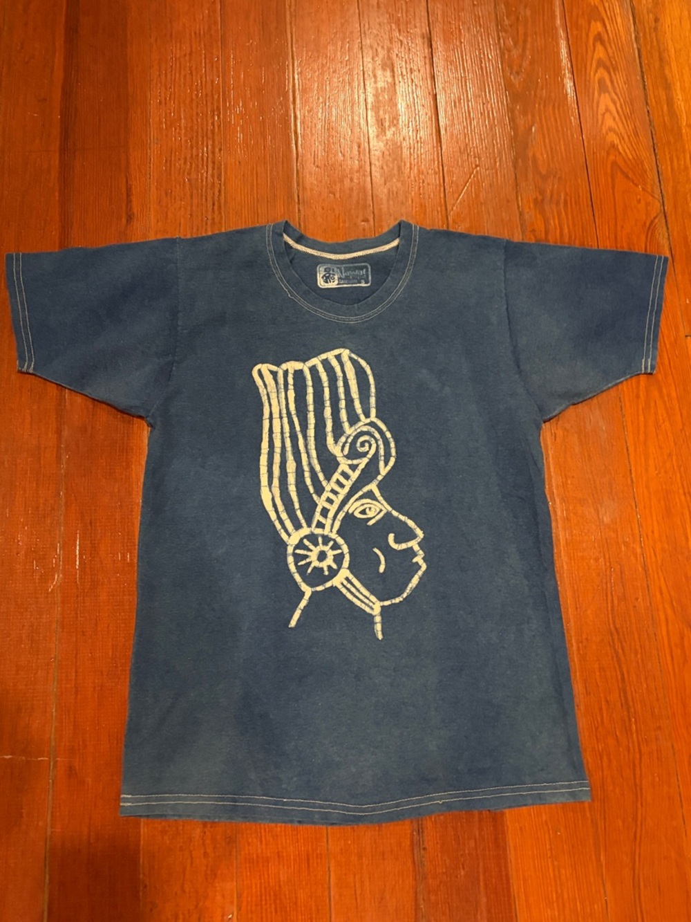 Blue Graphic Tee with Cream Pharaoh Design